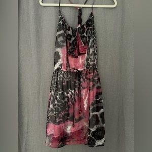 Gray and pink leopard chiffon tie waist neck ruffle razor back strap dress